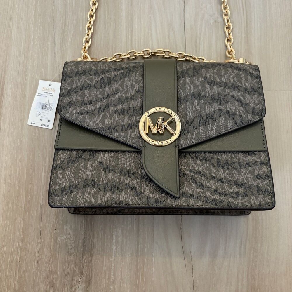 Michael Kors Olive Green Greenwich Covertible Crossbody Bag Purse Handbag Gold